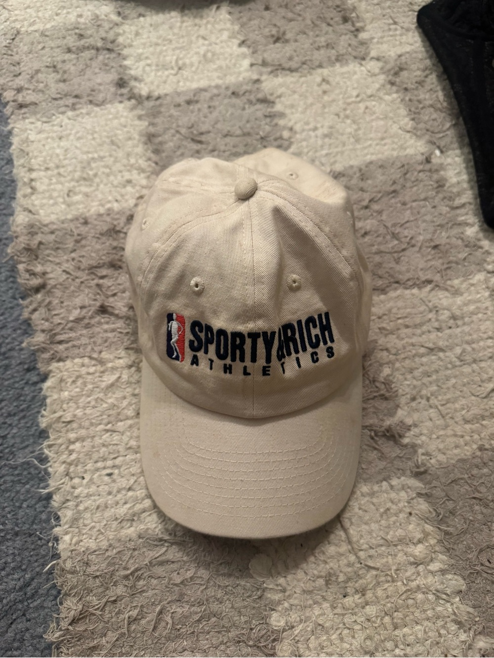 Sporty & Rich Beige Baseball Cap with Navy & Red Logo